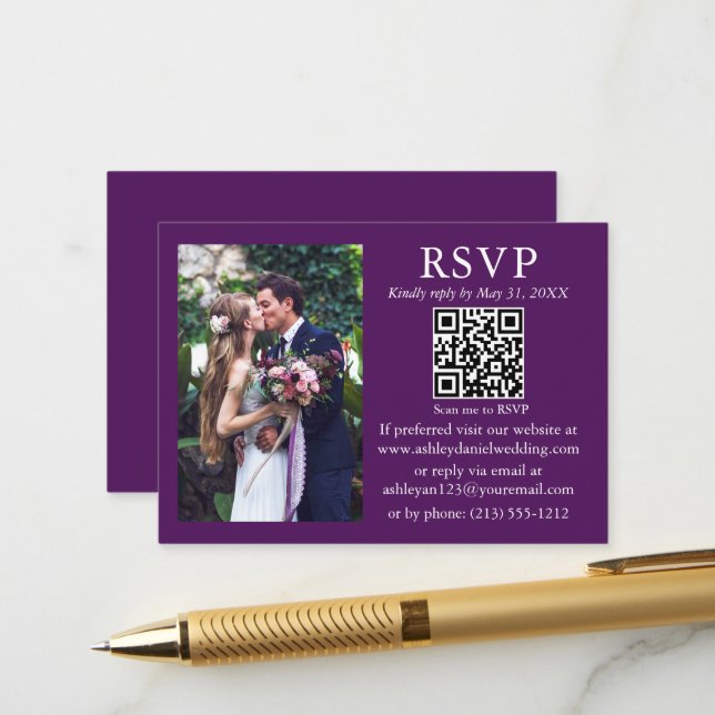 Hochzeit Modernes Minimalistisches Foto Lila QR UA Begleitkarte (Vorderseite/Rückseite Beispiel)