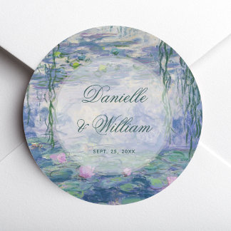 Hochzeit Monet Florale Seerosen Elegante Schrift Runder Aufkleber