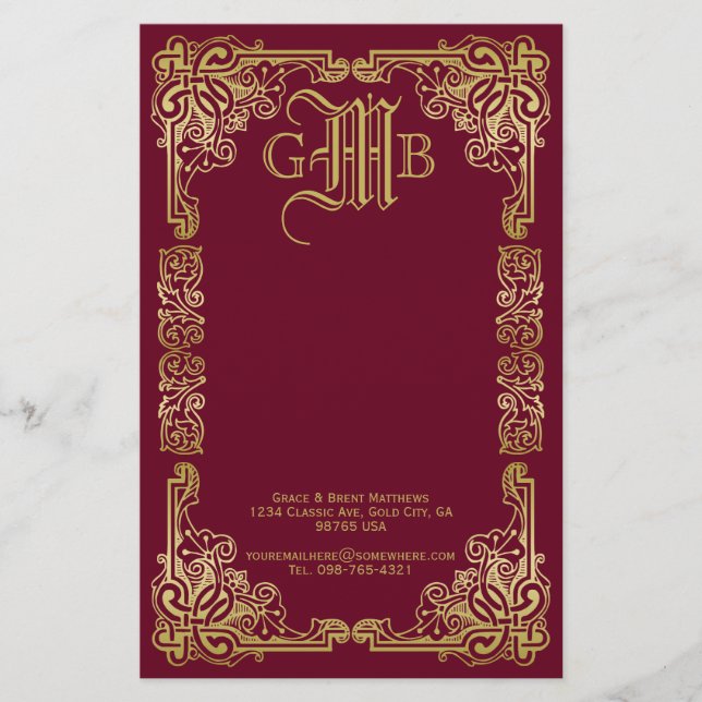 Hochzeit Monogram Classic Gold Frame Burgund Briefpapier (Vorderseite)