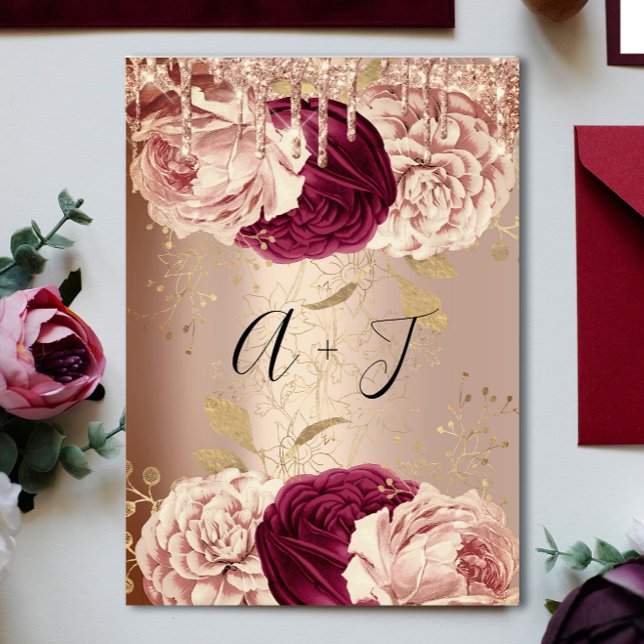 Hochzeit Monogram Tropfen Florals Marsala Rose Gol Einladung (Wedding Monogram Drips Florals Marsala Rose Gold Invitation)