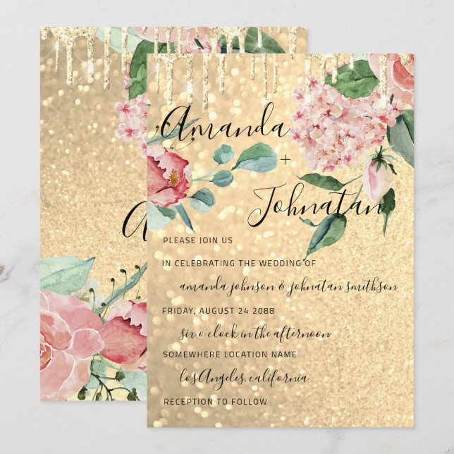 Hochzeit Monogram Tropfen Florals Mint Glitzer Gol Einladung (Vorne/Hinten)