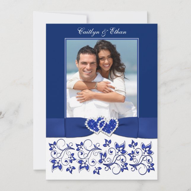 Hochzeit | Monogramm | Blau, weiß | Floral | FOTO Einladung (Vorderseite)