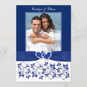 Hochzeit Monogramm Blau, weiß Floral FOTO Einladung