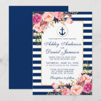 Hochzeit Nautic Blue Streifen Pink Floral Einladun