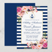 Hochzeit Nautic Blue Streifen Pink Floral Einladun