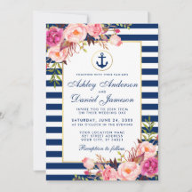 Hochzeit Nautic Blue Streifen Pink Floral Einladun