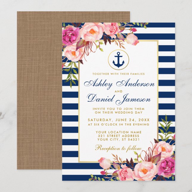 Hochzeit Nautic Blue Streifen Pink Floral Einladun Einladung (Vorne/Hinten)