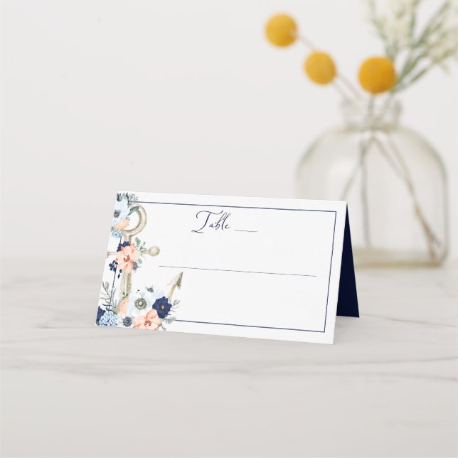 Hochzeit Nautical Anchor Navy Peach Floral Platzkarte (Vorderseite)