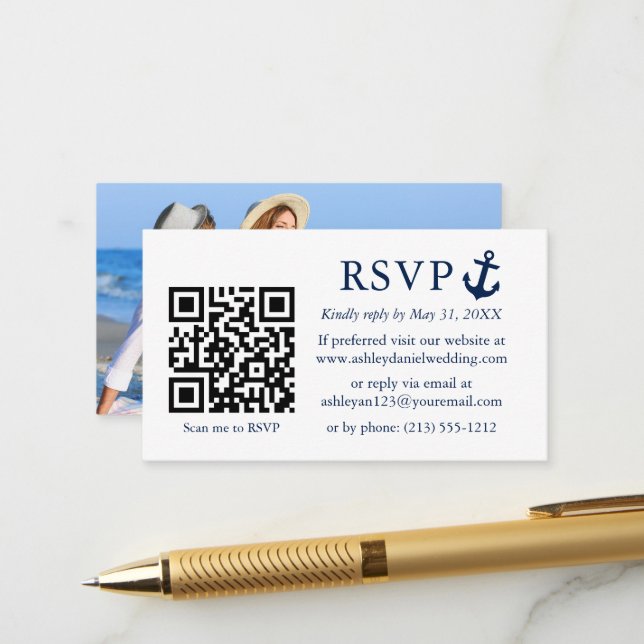 Hochzeit Nautical Blue Anchor UAWG QR Foto Begleitkarte (Vorderseite/Rückseite Beispiel)