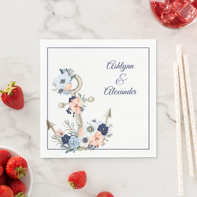 Hochzeit Nautische Anker-Marine Peach Blumennamen Serviette (Beispiel)