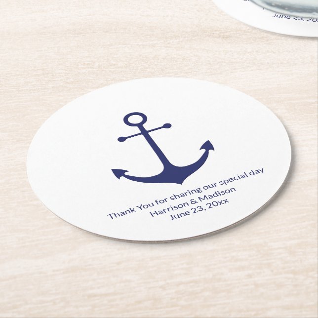 Hochzeit nautischer Anker blau weiß Runder Pappuntersetzer (Angewinkelt)