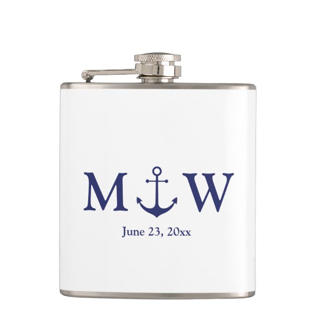 Hochzeit nautischer Ankermarineblau-Monogramm-Favo Flachmann (Vorderseite)