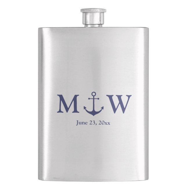 Hochzeit nautischer Ankermarineblau-Monogramm-Favo Flachmann (Vorderseite)