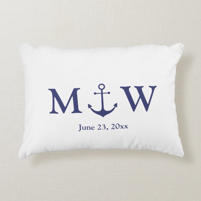 Hochzeit nautischer Ankernacht blaues weißes Monog Dekokissen (Vorderseite)