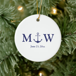 Hochzeit nautischer Ankernacht blaues weißes Monog Keramik Ornament