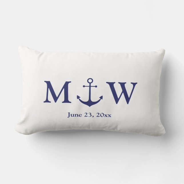 Hochzeit nautischer Ankernacht blaues weißes Monog Lendenkissen (Vorderseite)