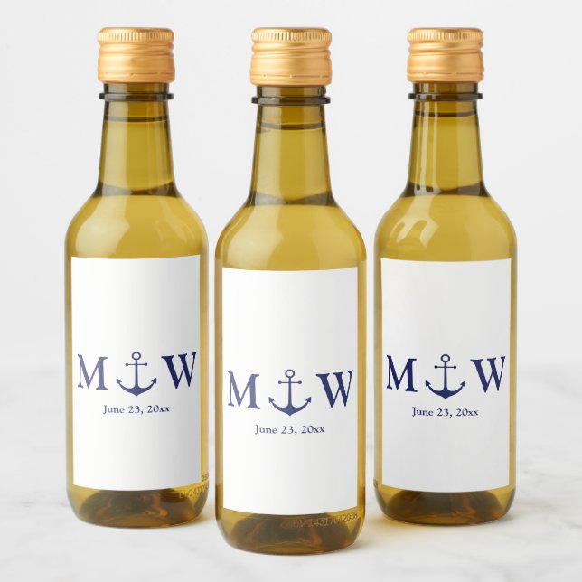 Hochzeit nautischer Ankernacht blaues weißes Monog Weinetikett (Flaschen)
