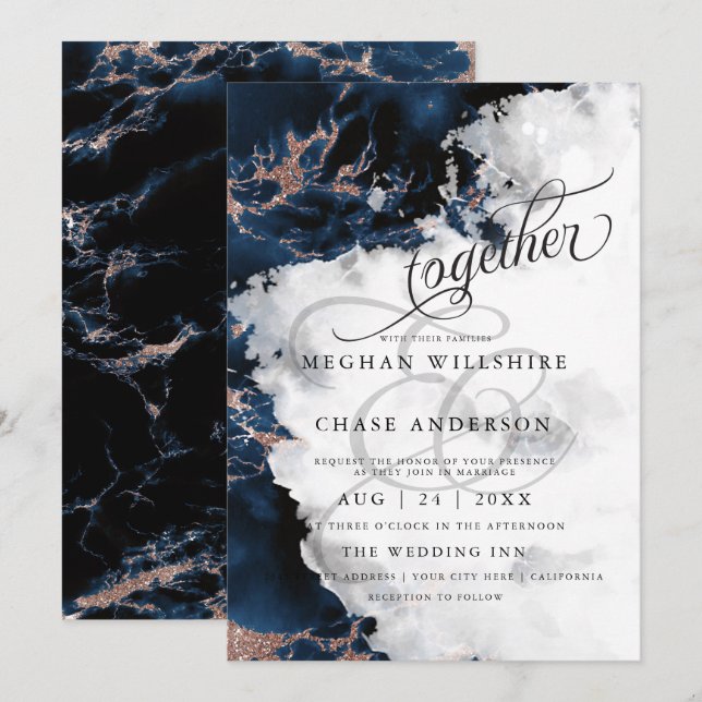 HOCHZEIT | Navy Blue 2 Rose Gold Geode Watercolor (Vorne/Hinten)