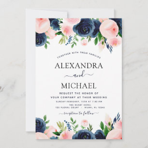 Hochzeit Navy Blue Blush Pink Elegante Blüte Einladung
