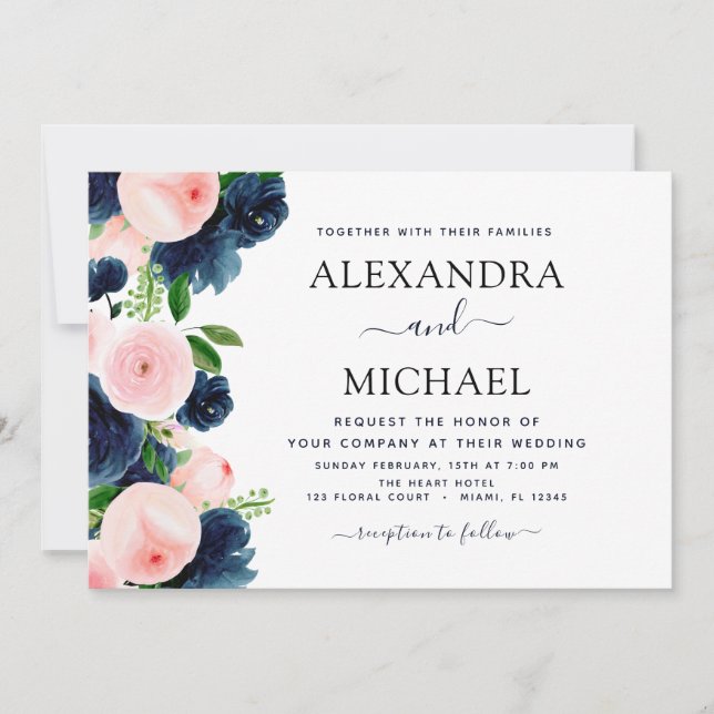 Hochzeit Navy Blue Blush Pink Elegante Blüte Einladung (Vorderseite)