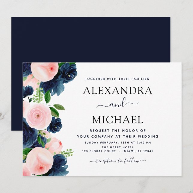 Hochzeit Navy Blue Blush Pink Elegante Blüte Einladung (Vorne/Hinten)