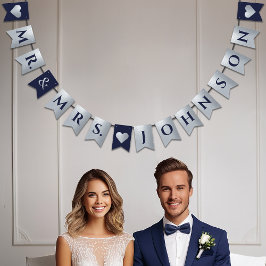 Hochzeit Navy Blue Imitate Silver Hearts Mr. und M Wimpelkette