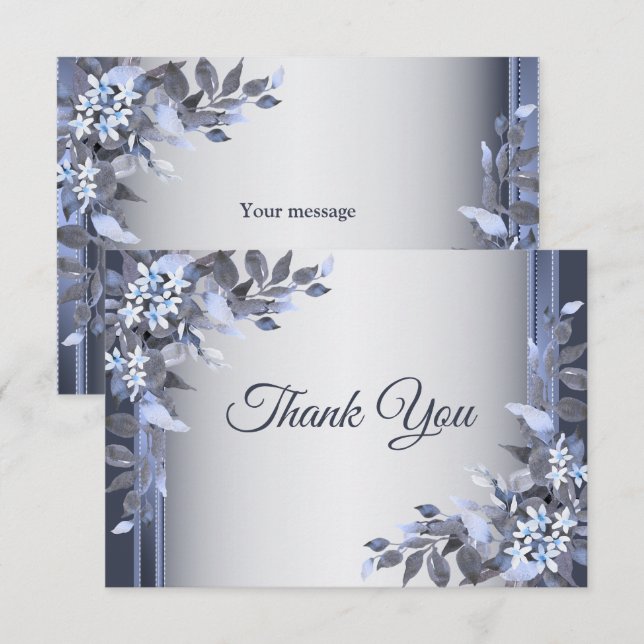 Hochzeit Navy Blütenblume Silber Elegant Dankeskarte (Vorne/Hinten)