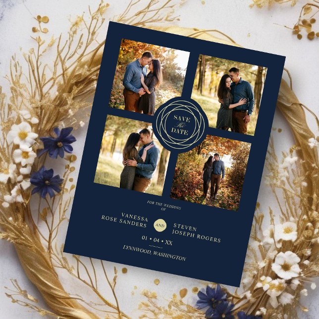 Hochzeit Navy Gold 4 Fotos Modernes Collage Script Magnetkarte (Wedding Navy Gold 4 Photos Modern Collage Script Save the Date with Envelope.)