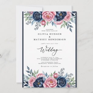 Hochzeit Navy Pink Botanical Bliss Einladung