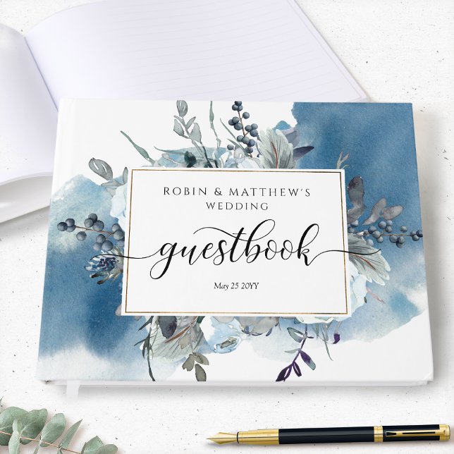 Hochzeit oder andere, blaue Wasserfarbe und Blumen Gästebuch (Von Creator hochgeladen)