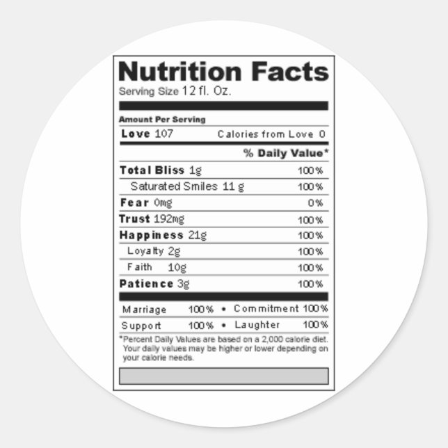 Hochzeit oder Jubiläum Süßes Funny Nutrition Label Runder Aufkleber (Vorderseite)