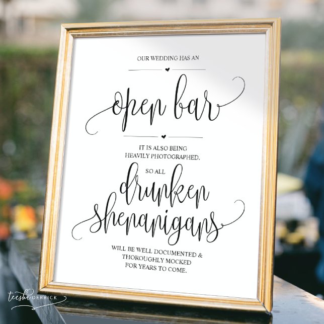 Hochzeit Offene Bar, betrunkene Shenanigans unters Poster (Wedding Open Bar, drunken shenanigans sign, Printed and Downloadable versions, Modern aesthetic)