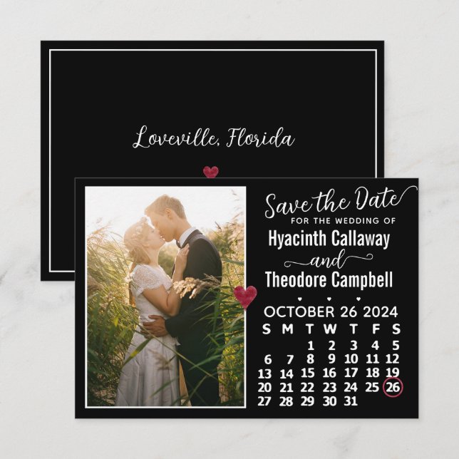 Hochzeit Oktober 2024 Kalender Custom Foto Black Save The Date (Vorne/Hinten)