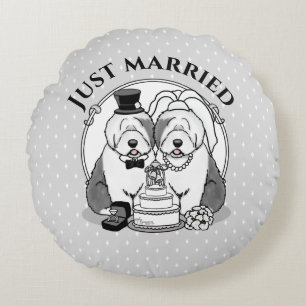 Hochzeit Old English Sheepdogs Braut Bräutigam Gra Rundes Kissen