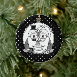 Hochzeit Old English Sheepdogs Bride Groom Gray 1 Keramik Ornament