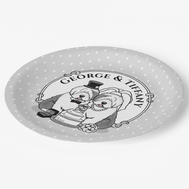 Hochzeit Old English Sheepdogs Bride Groom Gray 1 Pappteller (Schrägansicht)