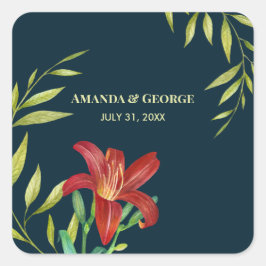 Hochzeit Orange Lily Illustration Dunkeltürkis Quadratischer Aufkleber