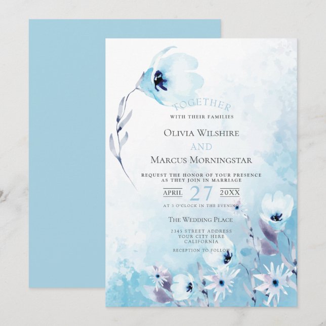Hochzeit | Pale Blue Watercolor Anemone Garden Einladung (Vorne/Hinten)