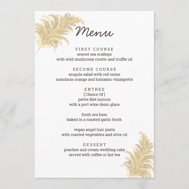 Hochzeit Pampas Grass Tan auf weißem Empfang Menükarte (Vorderseite)