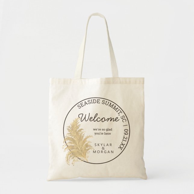 Hochzeit Pampas Grass Tan On White Chic Willkommen Tragetasche (Vorne)