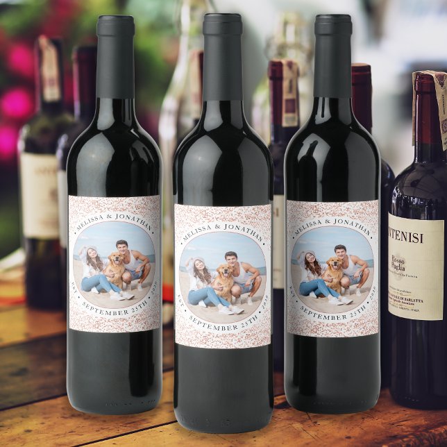 Hochzeit Personalisierte Rose Gold Glitzer Foto Weinetikett (Von Creator hochgeladen)