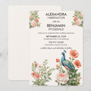 Hochzeit Pfau Botanisch Vintage-Blumenkunst Einladung