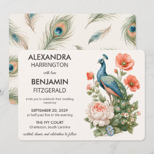 Hochzeit Pfau Botanisch   Vintage-Blumenkunst Einladung