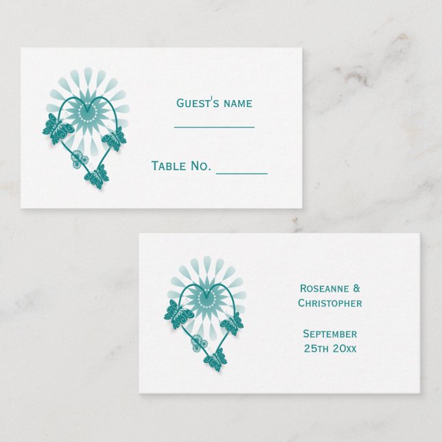 Hochzeit Platzkarte Aquamarine Schmetterlinge Herz (Vorne/Hinten)