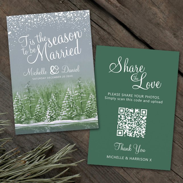 Hochzeit QR teilen Liebe Winterhochzeit grau grün Begleitkarte (Von Creator hochgeladen)