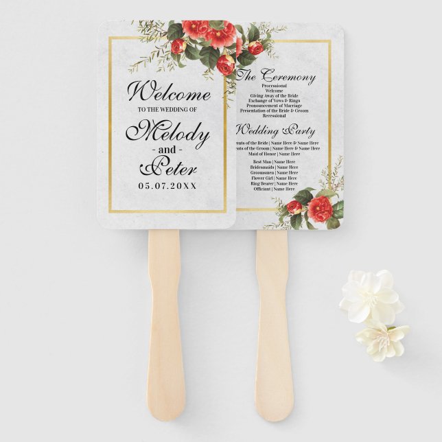 Hochzeit Red Floral Gold Hand Fan Elegant Fächer (Vorne und Hinten)