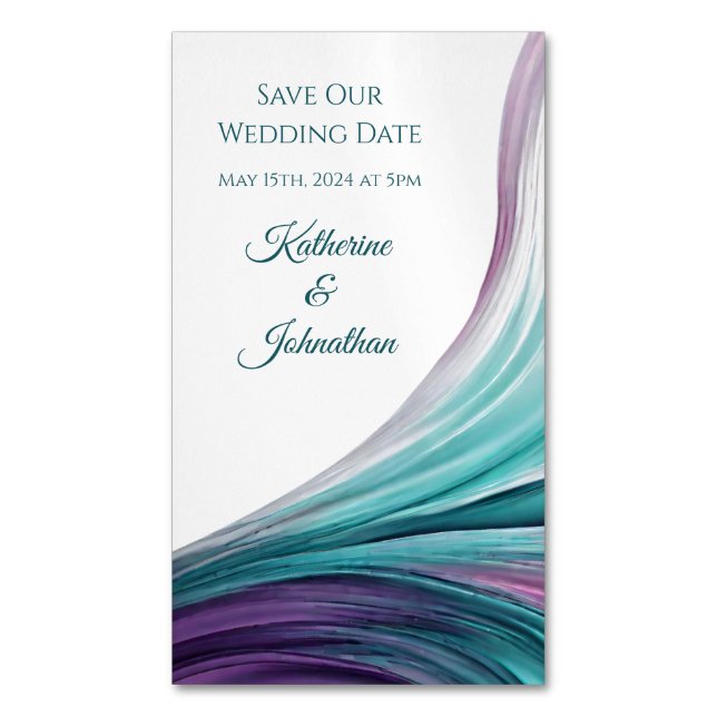 Hochzeit Rette unser Datum - modern Lila und Aquam Magnetische Visitenkarte (Vorderseite Vertikal)