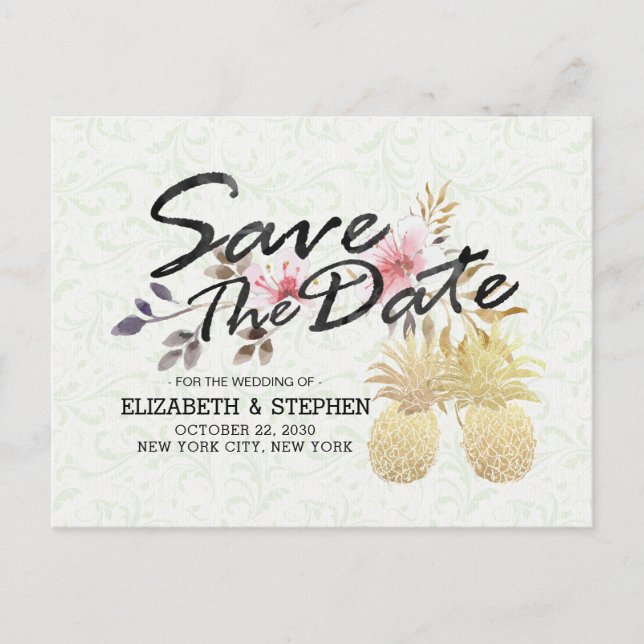 Hochzeit retten das Datum Moderne Gold Ananas Ankündigungspostkarte (Vorderseite)