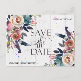 Hochzeit rettet Termine | Boho Blue & Misty Rose Ankündigungspostkarte