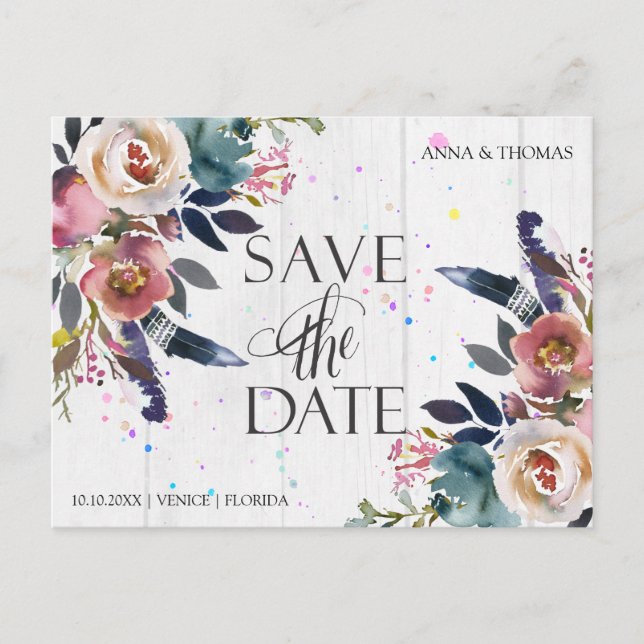 Hochzeit rettet Termine | Boho Blue & Misty Rose Ankündigungspostkarte (Vorderseite)
